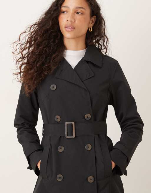Brave Soul Double breasted belted trench coat in black