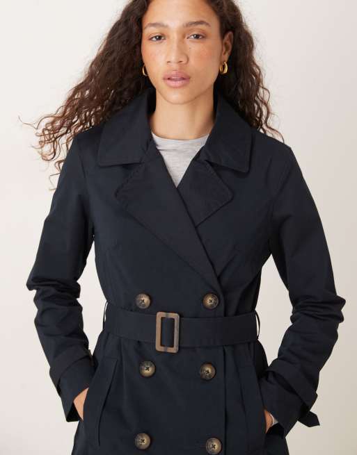 Brave Soul Double breasted belted trench coat in navy
