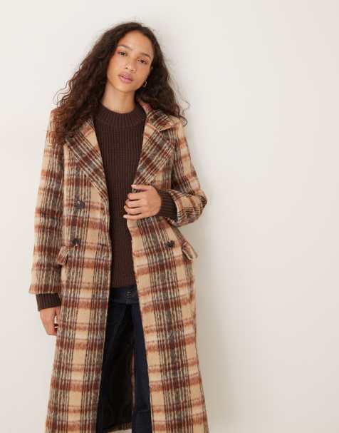 Brave Soul Double breasted faux wool maxi check coat in brown - view 1