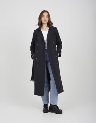 Brave Soul Double-breasted longline trench coat in black