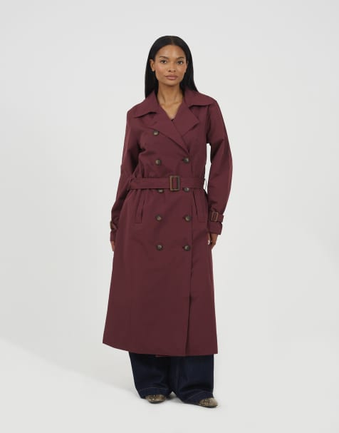Brave Soul Double-breasted longline trench coat in burgundy