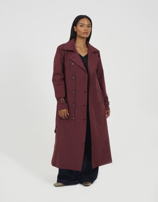 Brave Soul Double-breasted longline trench coat in burgundy, 4 of 4