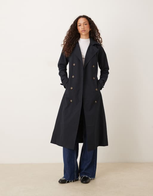 Brave Soul Double-breasted longline trench coat In navy, 3 of 4