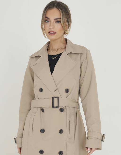 Brave Soul Double-breasted longline trench coat in stone