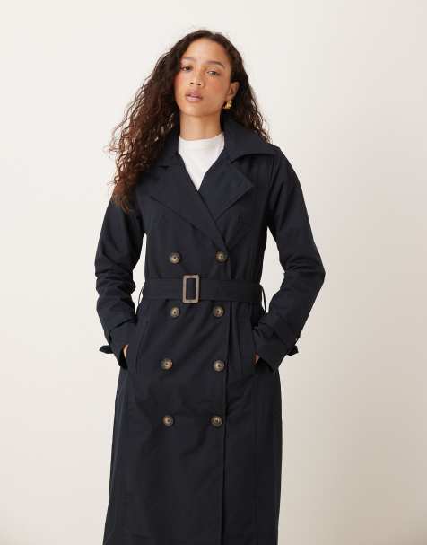 Brave Soul Double-breasted longline trench coat with detachable hood in navy - view 1