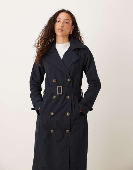 Brave Soul Double-breasted longline trench coat with detachable hood in navy
