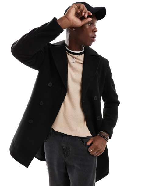Brave Soul double breasted peacoat in black - view 1