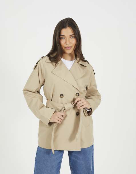 Brave Soul Double breasted short mac with self tie belt in stone - view 1