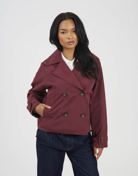 Brave Soul Double breasted short trench coat in burgundy - view 1
