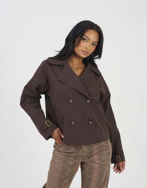 Brave Soul Double breasted short trench coat in chocolate - view 1