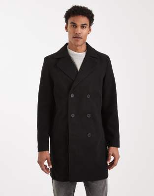 Brave Soul Double Breasted Smart Coat In Black