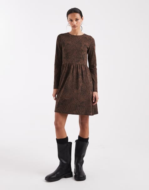 Brave Soul drop waist jersey mini dress in black and brown animal print