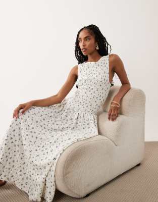 Brave Soul drop waist maxi racer dress with shirred bodice in white floral print