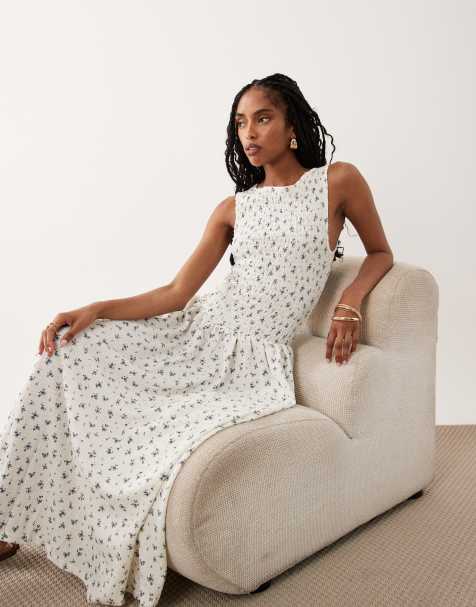 Brave Soul drop waist maxi racer dress with shirred bodice in white floral print - view 1