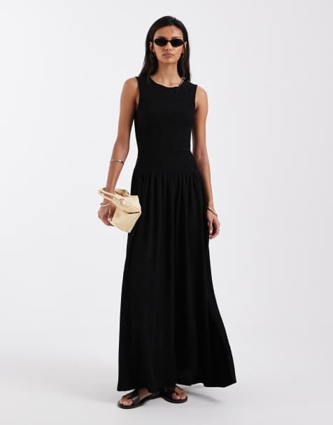 Brave Soul drop waist racer dress with shirred bodice in black 