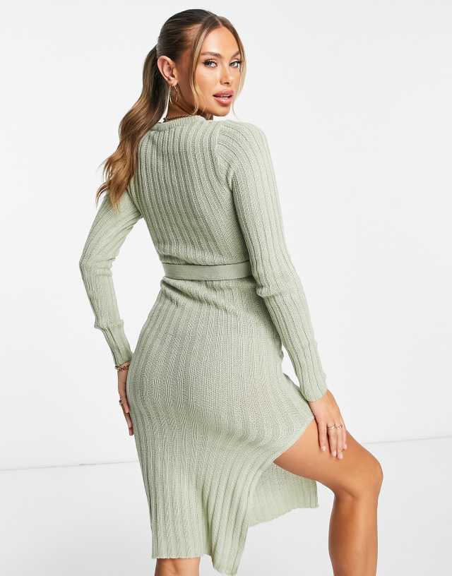 Brave Soul Eddie knit dress with slit in sage green