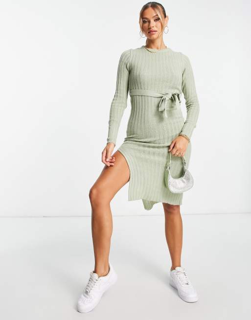 sage green knitted dress Sage Green Ribbed Knit Dress with Split main image 0