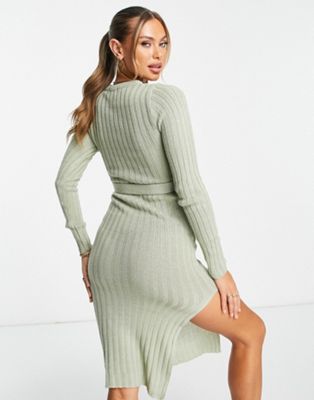 Brave Soul Eddie knitted dress with slit in sage green