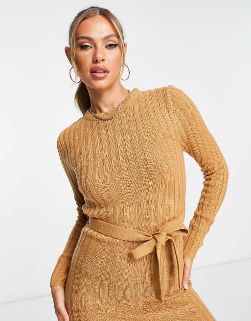 Brave Soul eddie knitted dress with slit in spiced camel, 3 of 4