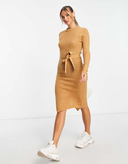 Brave Soul eddie knitted dress with slit in spiced camel, 4 of 4