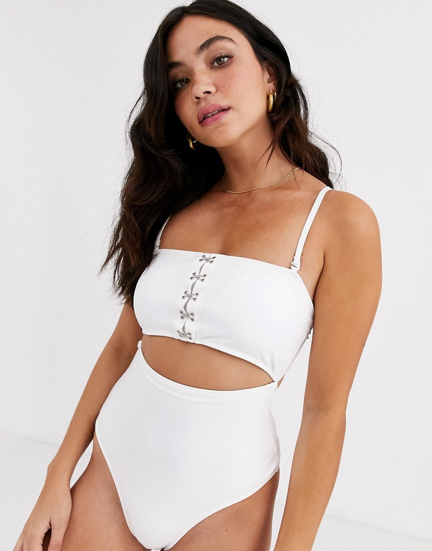Brave Soul Elise high leg swimsuit with hook and eye detail-White