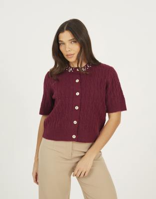 Brave Soul Embellished crew neck cable knit cardigan in burgundy-Red