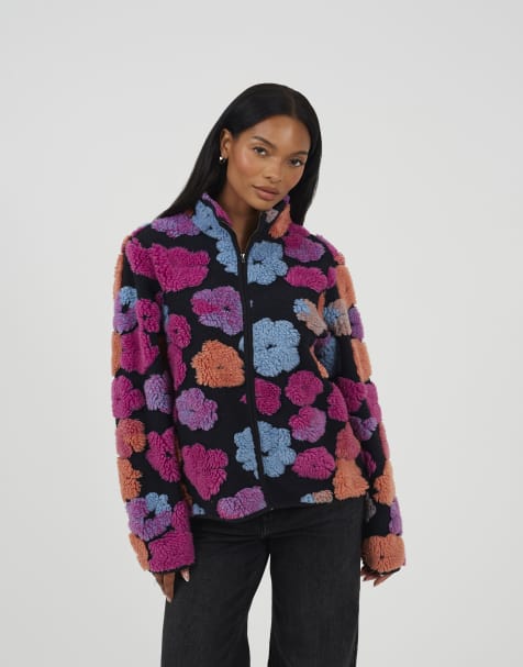 Brave Soul Embossed flower print zip through sherpa fleece in black - view 1