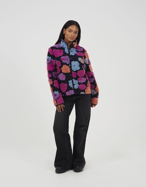 Brave Soul Embossed flower print zip through sherpa fleece in black, 2 of 3