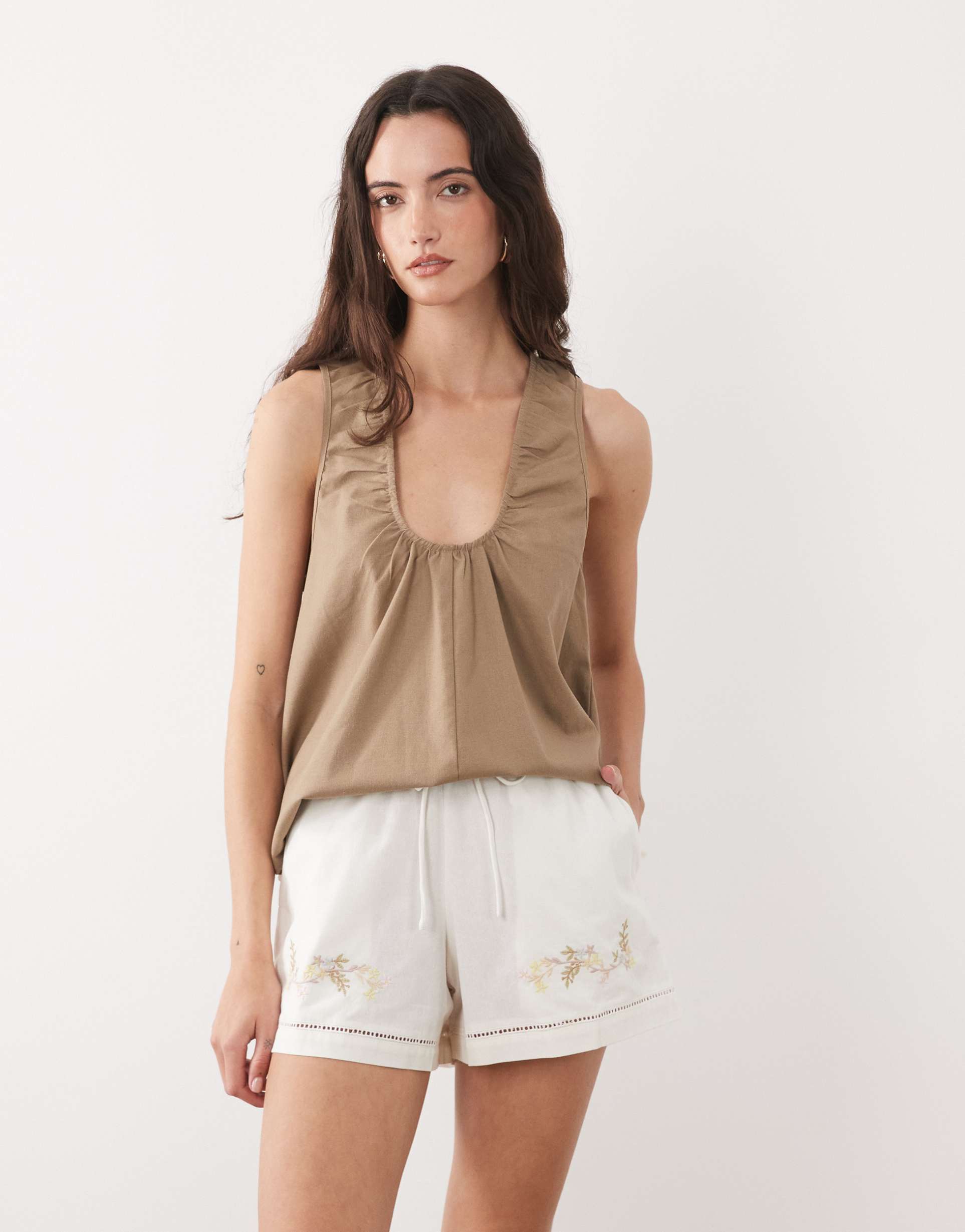 brave soul embroidered shorts in cream - part of a set