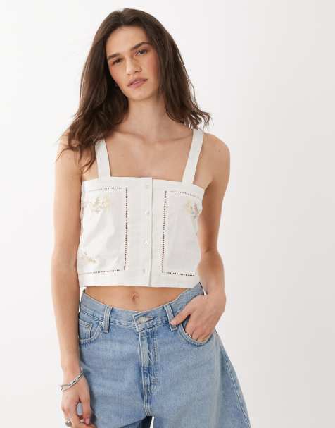 Brave Soul embroidered singlet in cream (Part of a set) - view 1