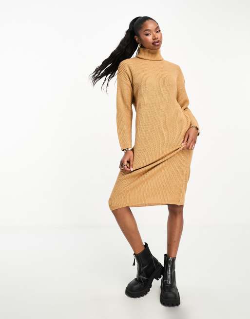 Brave Soul Emma roll neck knitted maxi dress in camel | ASOS