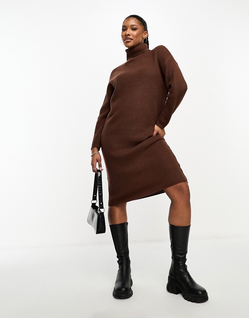 Brave Soul Emma roll neck knitted maxi dress in chocolate brown