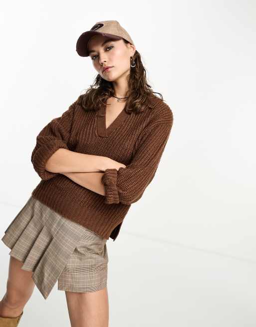 Brave Soul etta polo collar jumper in brown