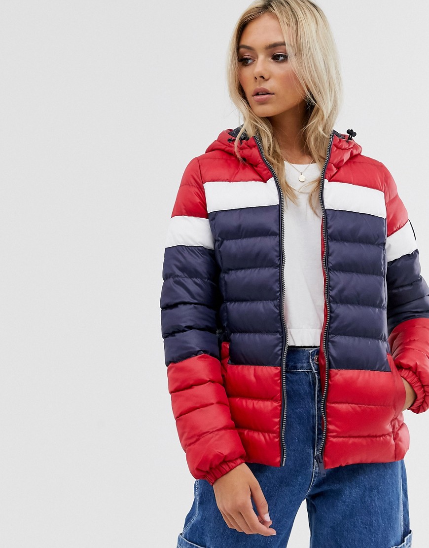 Brave Soul evan three colour puffer jacket-Red