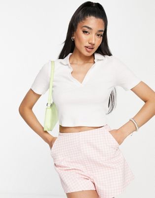 Brave Soul evra cropped polo top in white