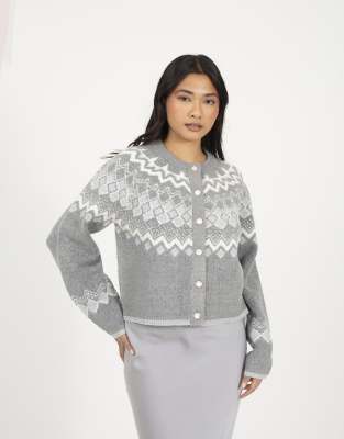 Brave Soul Fairisle cardigan with faux pearl buttons in grey