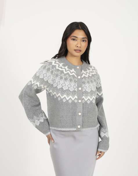 Brave Soul Fairisle cardigan with faux pearl buttons in grey - view 1