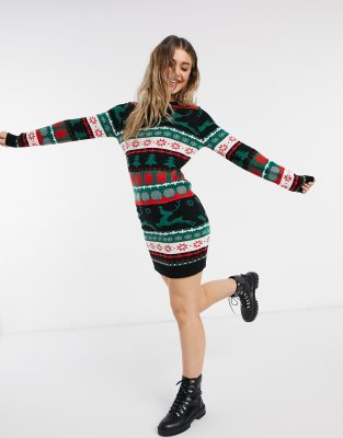 Brave Soul fairisle christmas sweater dress-Green