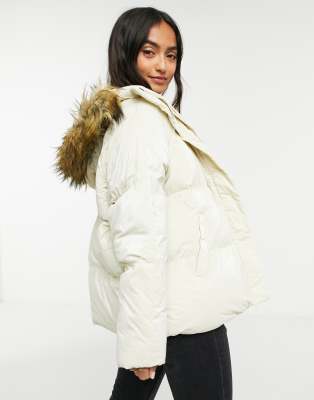 high shine puffer jacket with fur hood