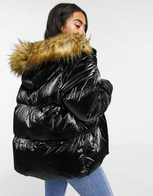 black faux fur high shine puffer jacket