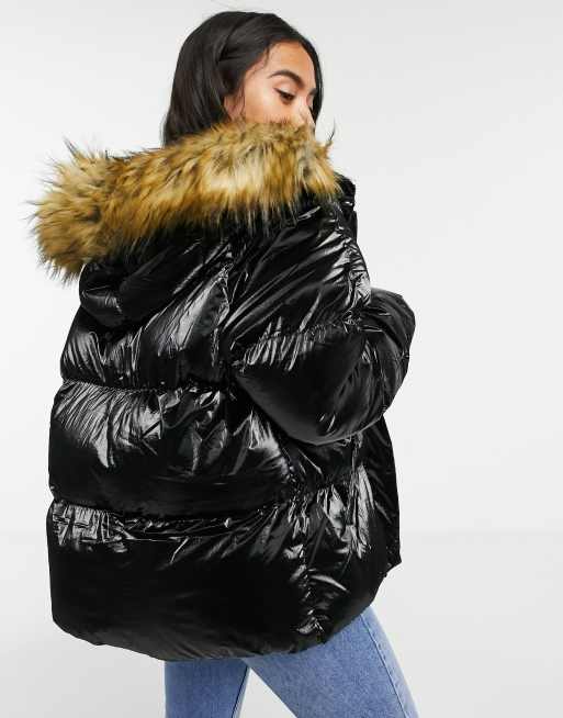 High shine faux discount fur trim puffer