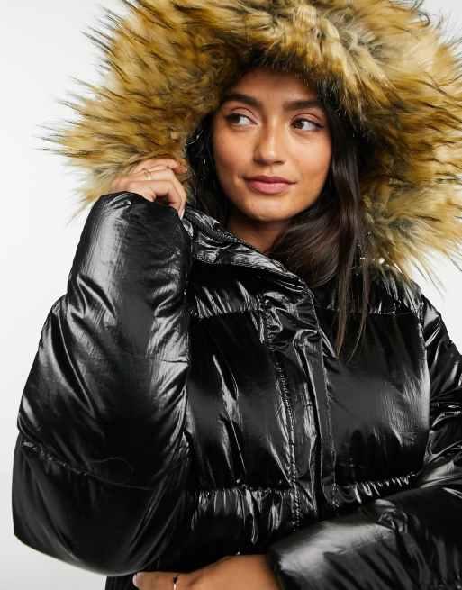 High shine puffer jacket with faux fur hood hot sale