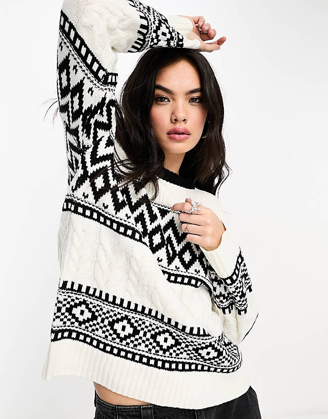 Brave Soul - fantsia printed jumper with wide sleeves in cream