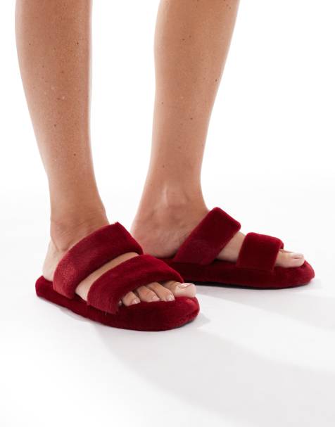 Brave Soul faux fur double strap slider slippers in red - view 1