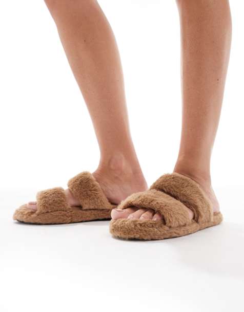 Brave Soul faux fur double strap slider slippers in tan - view 1