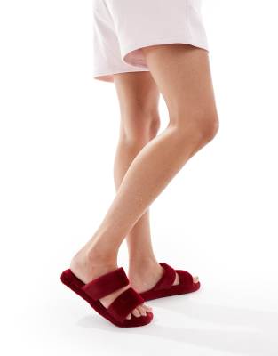 Brave Soul Faux Fur Double Strap Slipper Slides In Red