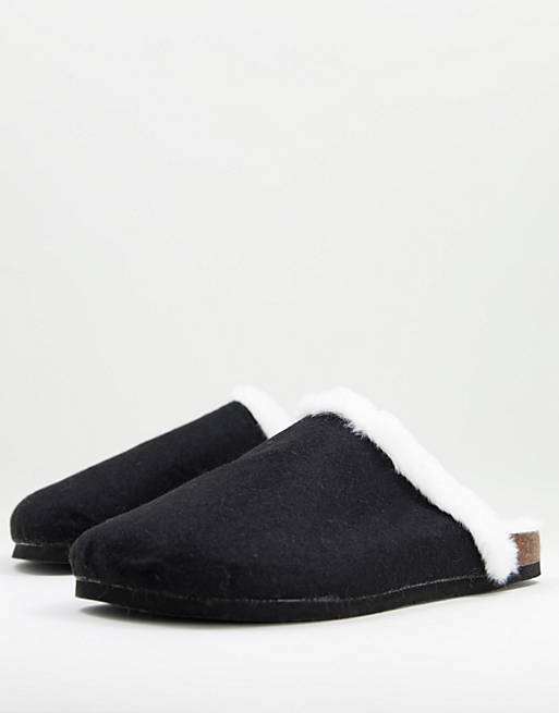 Brave Soul faux fur lined mule slippers in black