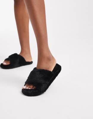 Brave Soul Brave Soul faux fur slider slippers in black