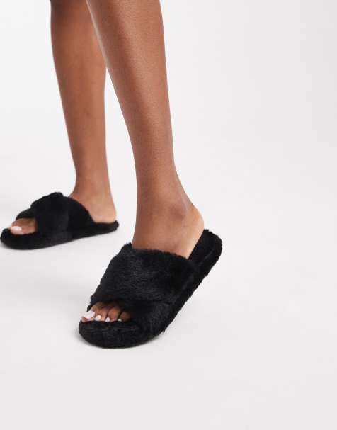 Brave Soul faux fur slider slippers in black - view 1