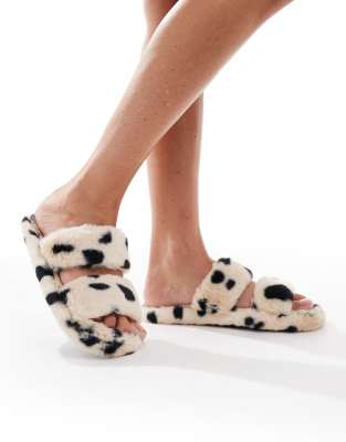 Brave Soul Brave Soul faux fur slider slippers in dalmation print-Multi